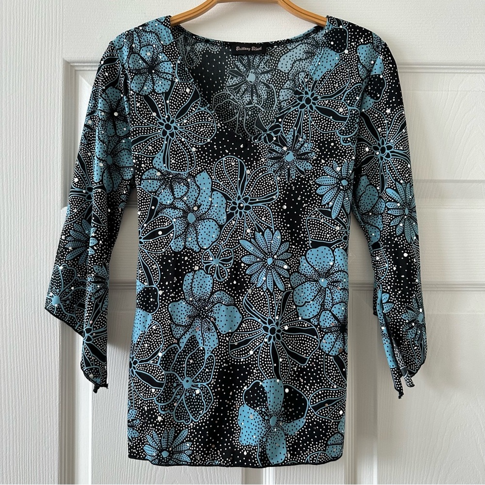 Vintage Brittany Black Floral Top Shirt Blouse Flare Sleeve Fairy Black Blue